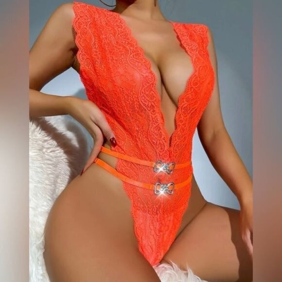 Orange Lace Teddy Bodysuit - Picture 3 of 5